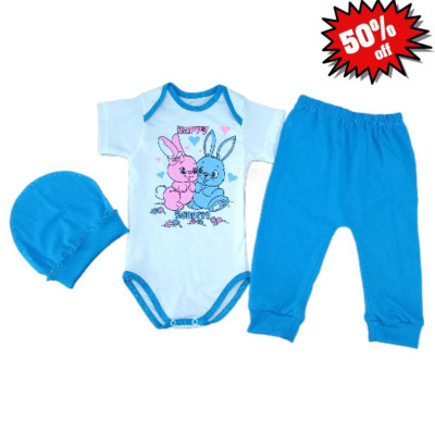 Комплект ясельний (боди короткий рукав+штани+шапка) для хлопчика "Зайчики"